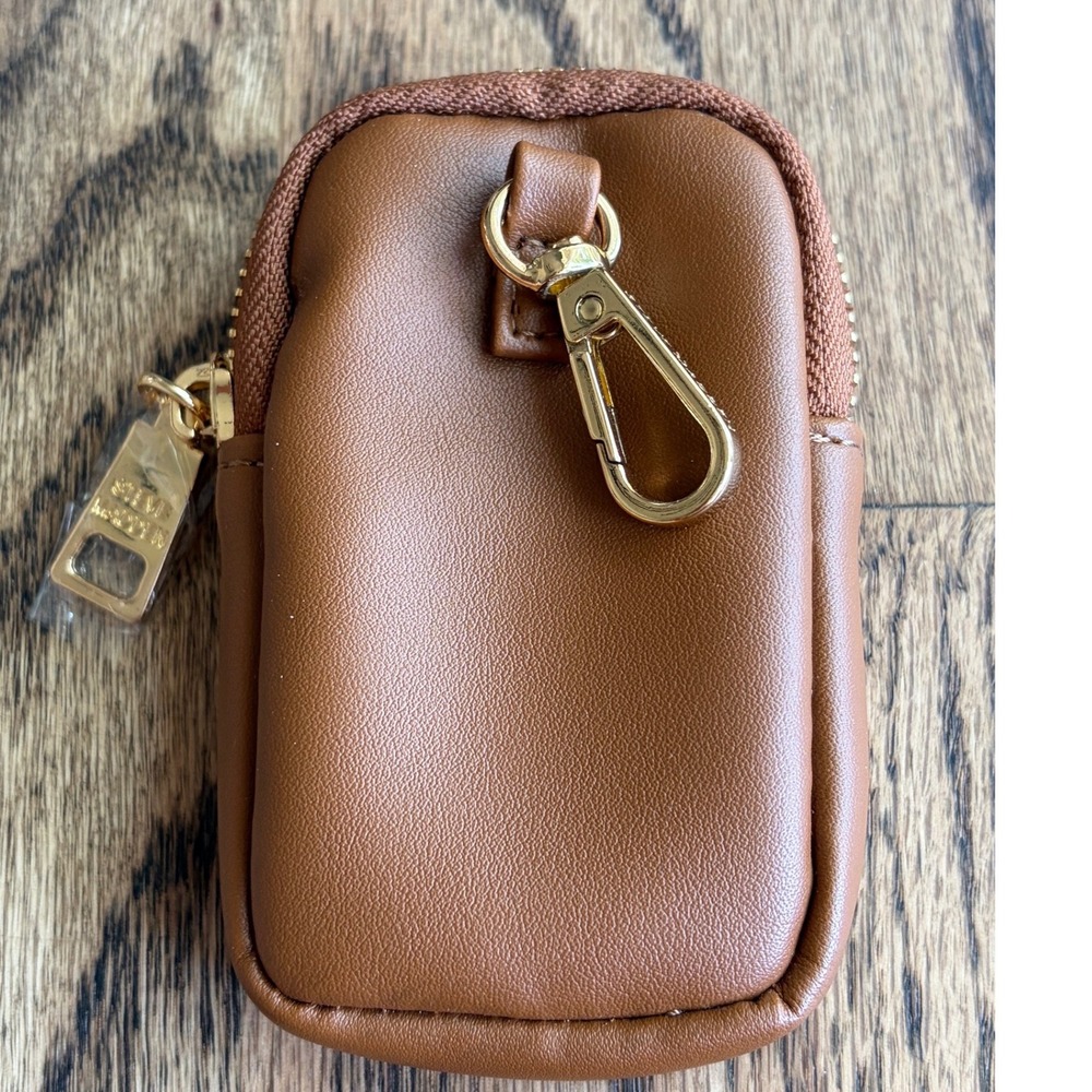 Steve Madden Cognac Brown Faux Leather Clip On Pouch Gold Tone Hardware Mini Bag